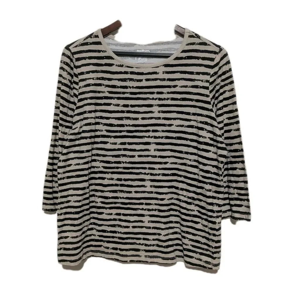Norm Thompson Prima Womens 3/4 Sleeve Painted Striped Shirt Top L Tan Black